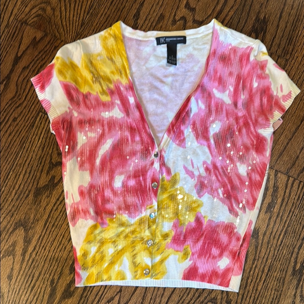 INC International Concepts Pink and Yellow Cap Sleeve Crop Top